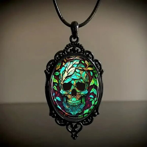 Unbranded Jewelry - Gothic Skull Glass Pendant Necklace Vintage Style Choker Cameo Black Green NWOT